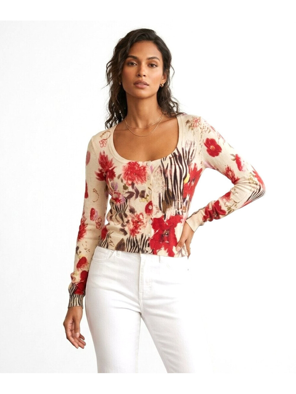 Class Roberto Cavalli White Floral Knit Cardigan Sweater Medium IT-42 Silk Cotto